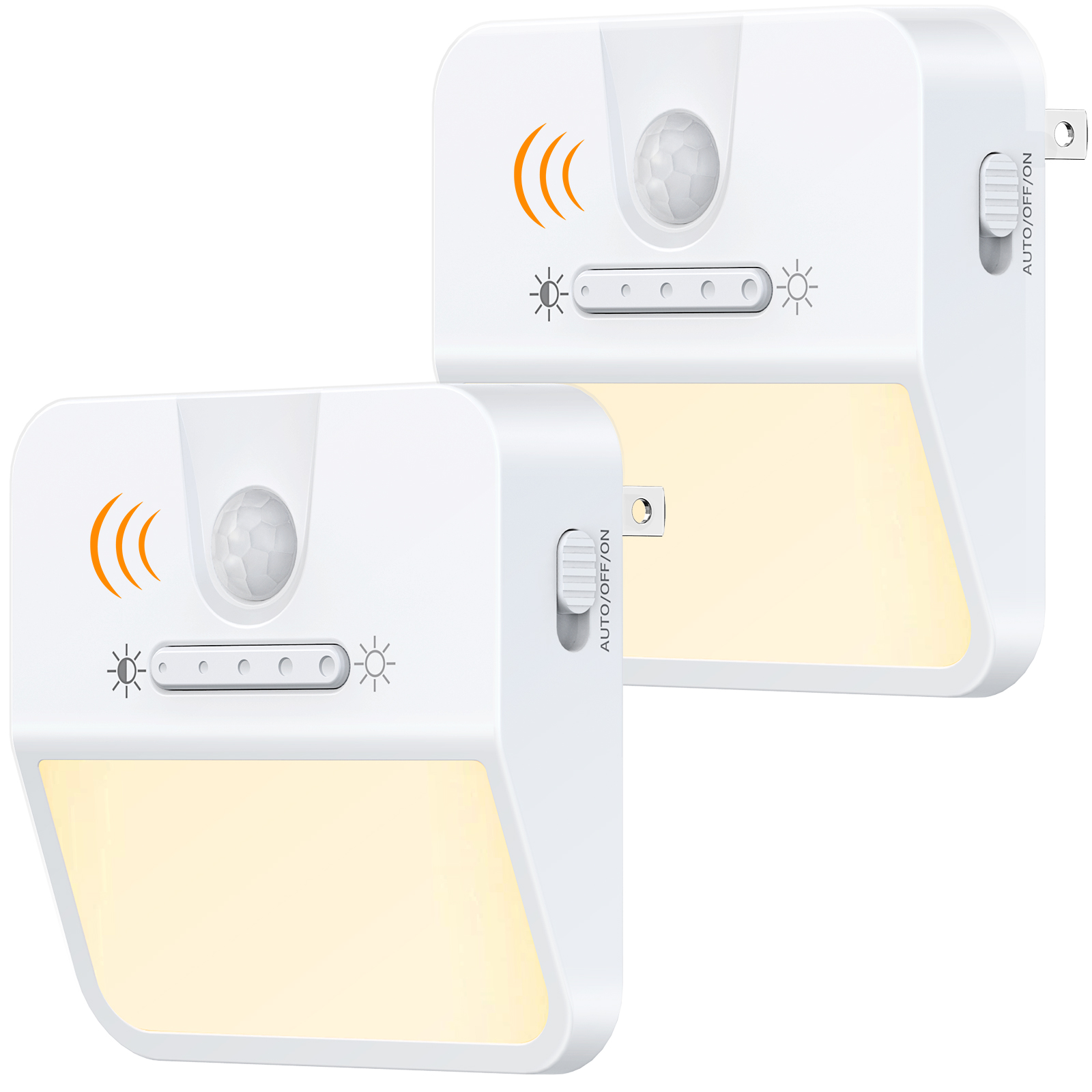 Night Light Plug in Wall, TEUMI Motion Sensor Light Indoor with Auto/On/Off, 5-Level Dimmable LED Night Light for Kids, Warm Yellow Night Lamp for Bedroom, Bathroom, Kitchen, Hallway, Stairway, 2 Pack